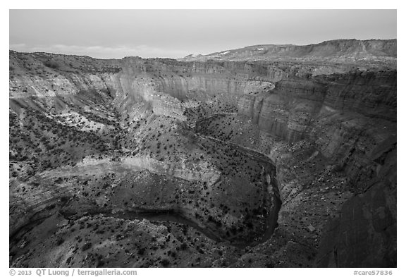 Goosenecks of Sulfur Creek and Waterpocket Fold at dawn. Capitol Reef National Park (black and white)