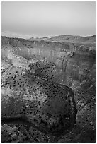 Sulfur Creek Goosenecks and Waterpocket Fold at dawn. Capitol Reef National Park, Utah, USA. (black and white)