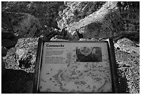 Interpretative sign, Sulfur Creek Goosenecks. Capitol Reef National Park, Utah, USA. (black and white)