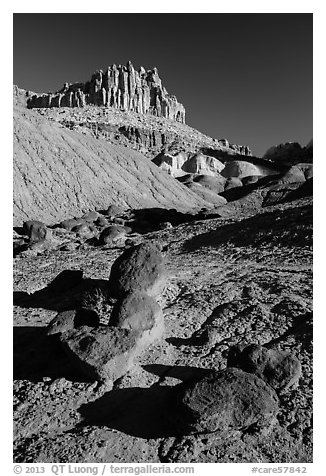 Balsalt Boulders and Wingate Sandstone crags of the Castle. Capitol Reef National Park (black and white)