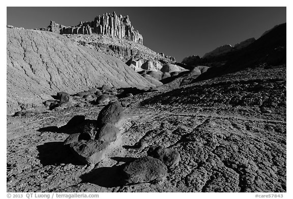 Balsalt Boulders, shale, Castle. Capitol Reef National Park (black and white)