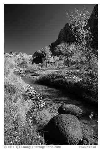 Basalt boulders, Pleasant Creek in the fall. Capitol Reef National Park, Utah, USA.