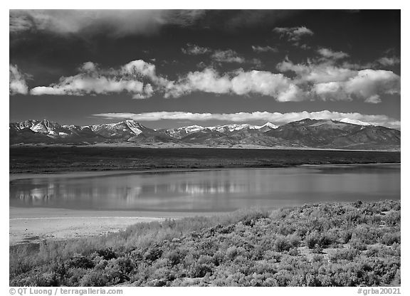 Sagebrush, lake, and Snake Range. Great Basin  National Park (black and white)