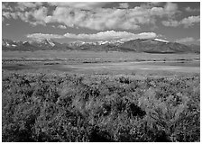 Snake Range raises above Sagebrush plain, seen from the East. Great Basin National Park, Nevada, USA. (black and white)