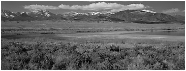 Sagebrush plain and Snake range rising above desert. Great Basin  National Park (Panoramic black and white)