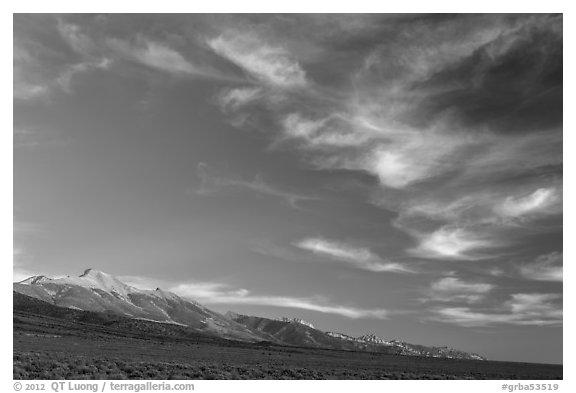 Wispy clouds over Snake Range. Great Basin National Park (black and white)