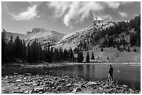 Visitor looking, Stella Lake. Great Basin National Park, Nevada, USA. (black and white)
