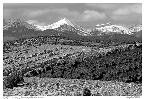 Fresh snow on the Snake range, seen from the foothills. Great Basin National Park (black and white)