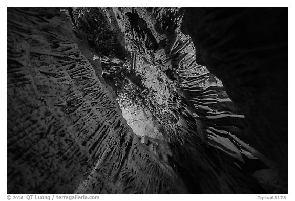 Looking up narrow passage in Music Room, Lehman Cave. Great Basin National Park (black and white)