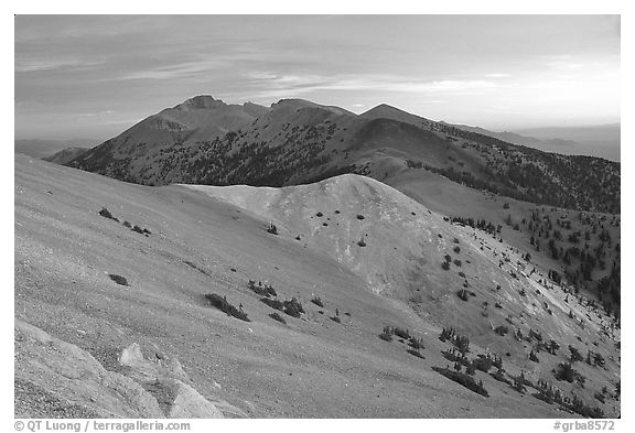 Wheeler Peak and Snake range seen from Mt Washington, dusk. Great Basin National Park, Nevada, USA.