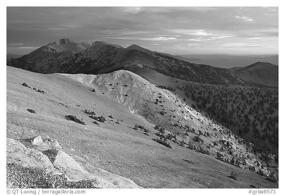 Wheeler Peak and Snake range seen from Mt Washington, sunrise. Great Basin National Park (black and white)