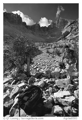 Photographer in Wheeler Peak cirque. Great Basin National Park (black and white)