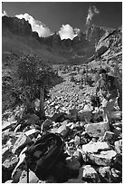 Photographer in Wheeler Peak cirque. Great Basin National Park, Nevada, USA. (black and white)