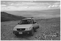 SUV on four wheel drive road on Mt Washington. Great Basin National Park, Nevada, USA. (black and white)