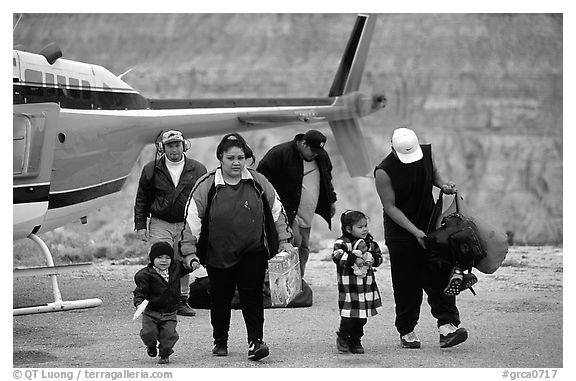 Havasu Indians commute by helicopter to roadless village. Grand Canyon National Park (black and white)