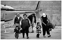 Havasu Indians commute by helicopter to roadless village in Havasu Canyon. Grand Canyon National Park, Arizona, USA. (black and white)