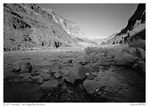 Bottom of Grand Canyon with Tapeats Creek joining the Colorado River. Grand Canyon  National Park (black and white)