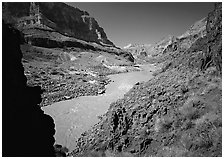 Colorado River and rock walls near Tapeats Creek. Grand Canyon National Park, Arizona, USA. (black and white)