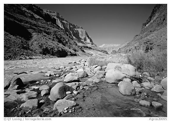 Confluence of Tapeats Creek and  Colorado River in autumn. Grand Canyon National Park (black and white)