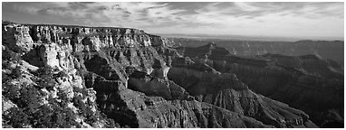 Canyon scenery from Cape Royal. Grand Canyon National Park (Panoramic black and white)