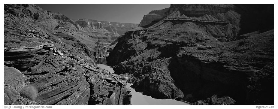 Colorado River flowing through gorge at narrowest point. Grand Canyon National Park (black and white)