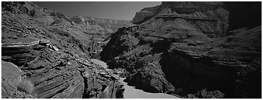 Colorado River flowing through gorge at narrowest point. Grand Canyon National Park (Panoramic black and white)
