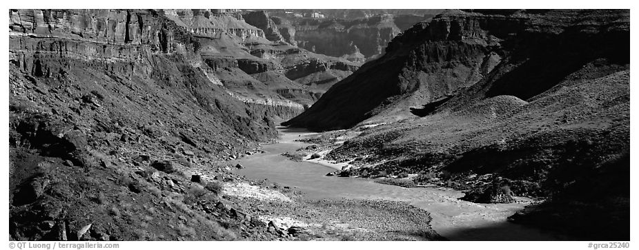 Colorado River meandering through canyon. Grand Canyon  National Park (black and white)