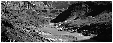 Colorado River meandering through canyon. Grand Canyon  National Park (Panoramic black and white)