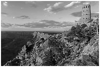 Indian Watchtower and canyon at sunset. Grand Canyon National Park, Arizona, USA. (black and white)