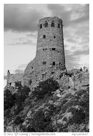 Desert watchtower with tourists at sunset. Grand Canyon National Park (black and white)