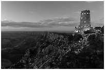 Watchtower and Desert View at dusk. Grand Canyon National Park, Arizona, USA. (black and white)
