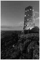 Indian Watchtower at Desert View, dusk. Grand Canyon National Park, Arizona, USA. (black and white)