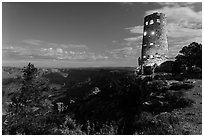 Mary Jane Colter Desert View Watchtower at night. Grand Canyon National Park, Arizona, USA. (black and white)