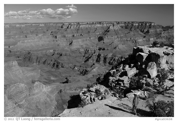 Visitor looking, Moran Point. Grand Canyon National Park (black and white)