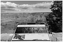 Mather Point interpretative sign. Grand Canyon National Park, Arizona, USA. (black and white)