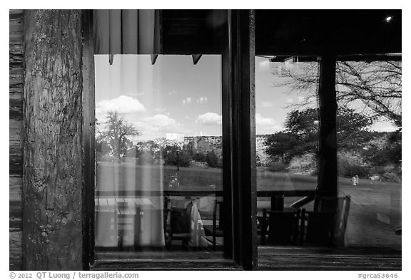 South Rim, El Tovar Hotel restaurant window reflexion. Grand Canyon National Park, Arizona, USA.