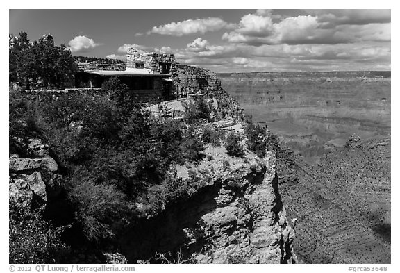 Lookout Studio designed by Mary Coulter to blend with surroundings. Grand Canyon National Park (black and white)