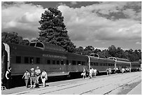 Passengers board Grand Canyon train. Grand Canyon National Park, Arizona, USA. (black and white)