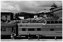 Grand Canyon train and El Tovar Hotel. Grand Canyon National Park, Arizona, USA. (black and white)