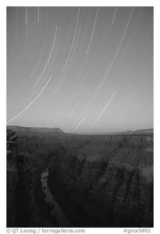 Star trails and narrow gorge of  Colorado River at Toroweap. Grand Canyon National Park, Arizona, USA.