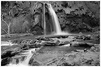 Travertine formations and Havasu falls. Grand Canyon National Park, Arizona, USA. (black and white)