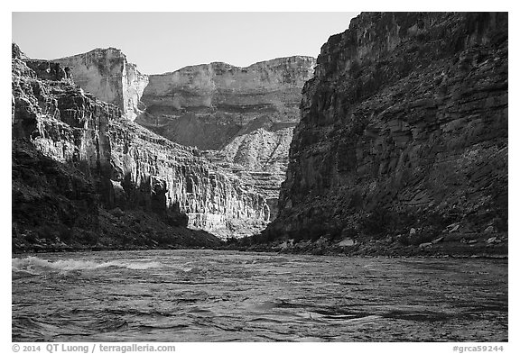 River-level view of Marble Canyon and Colorado River rapids. Grand Canyon National Park (black and white)