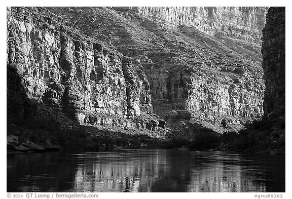 Cliffs and reflections in Marble Canyon, early morning. Grand Canyon National Park (black and white)