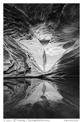 Sandstone spillway and reflection in pool, North Canyon. Grand Canyon National Park (black and white)