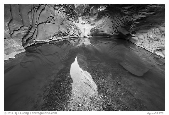 Sky and canyon walls reflected below spillway, North Canyon. Grand Canyon National Park (black and white)