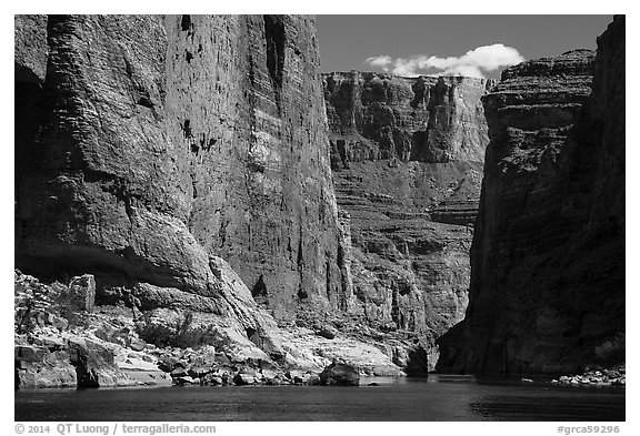Huge Redwall limestone canyon walls in Marble Canyon. Grand Canyon National Park (black and white)