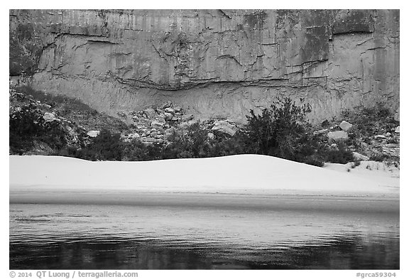 Sand dunes and trees below Redwall limestone canyon walls. Grand Canyon National Park (black and white)