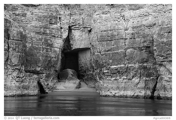 Cave in Redwall limestone canyon walls. Grand Canyon National Park (black and white)