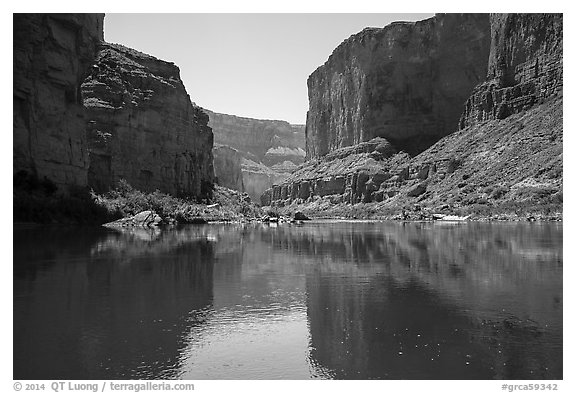 Canyon walls, Colorado River, vegetation, and reflections. Grand Canyon National Park (black and white)