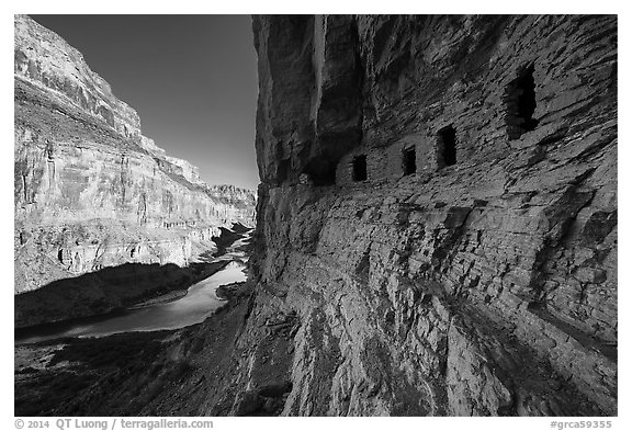 Ancient Nankoweap granaries and Colorado River,. Grand Canyon National Park (black and white)